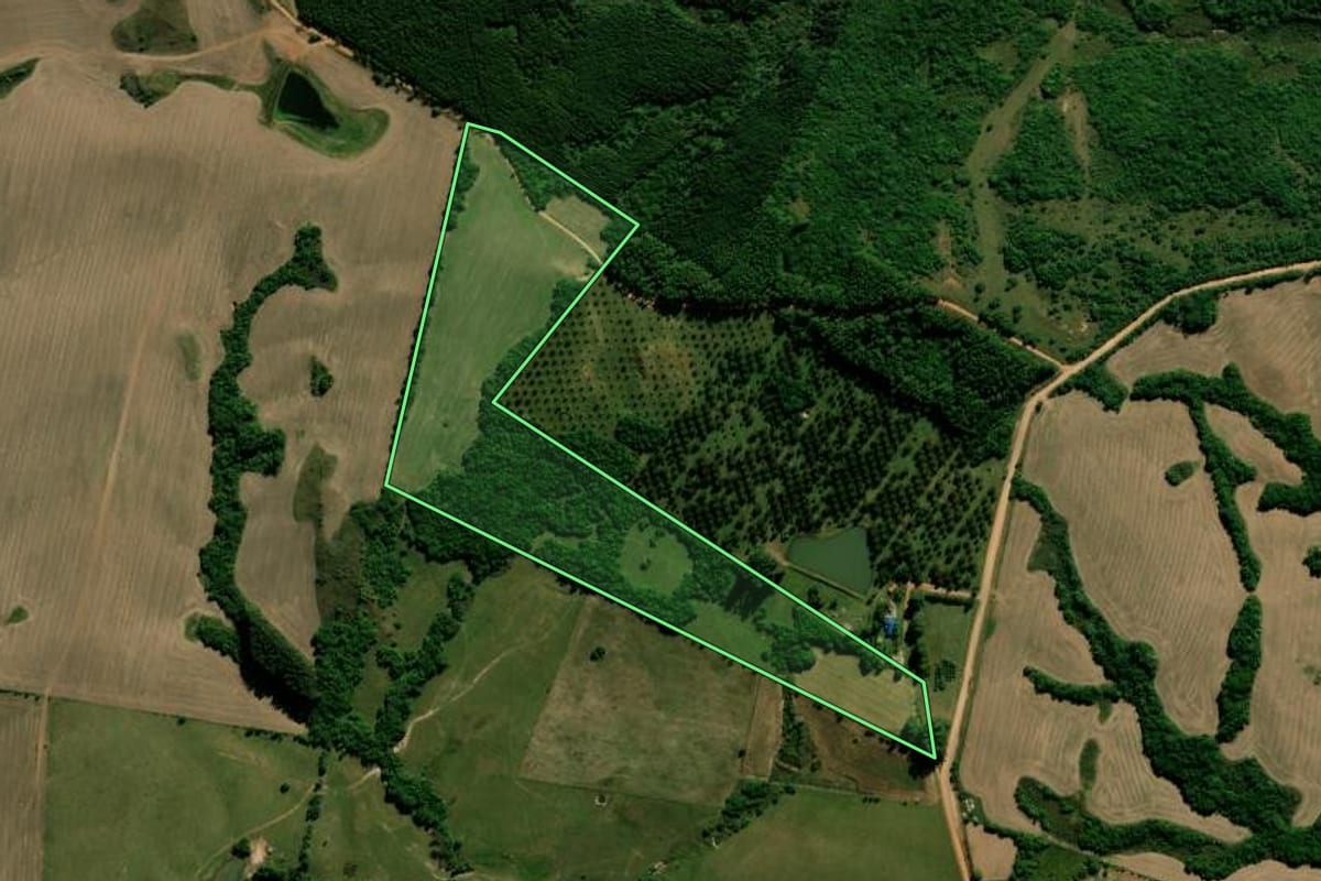 Imagem de satélite do imóvel rural em Encruzilhada do Sul (RS), com o contorno declarado no CAR desenhado por cima.