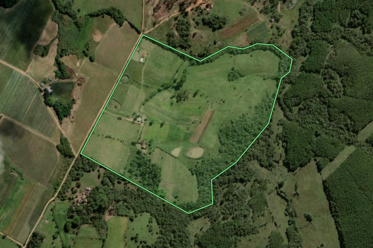 Imagem de satélite do imóvel rural em Encruzilhada do Sul (RS), com o contorno declarado no CAR desenhado por cima.