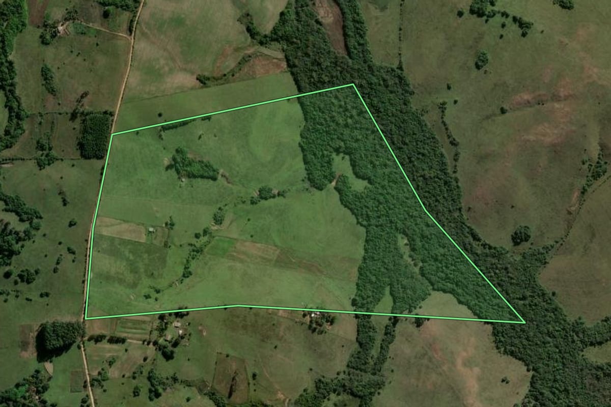 Imagem de satélite do imóvel rural em Encruzilhada do Sul (RS), com o contorno declarado no CAR desenhado por cima.