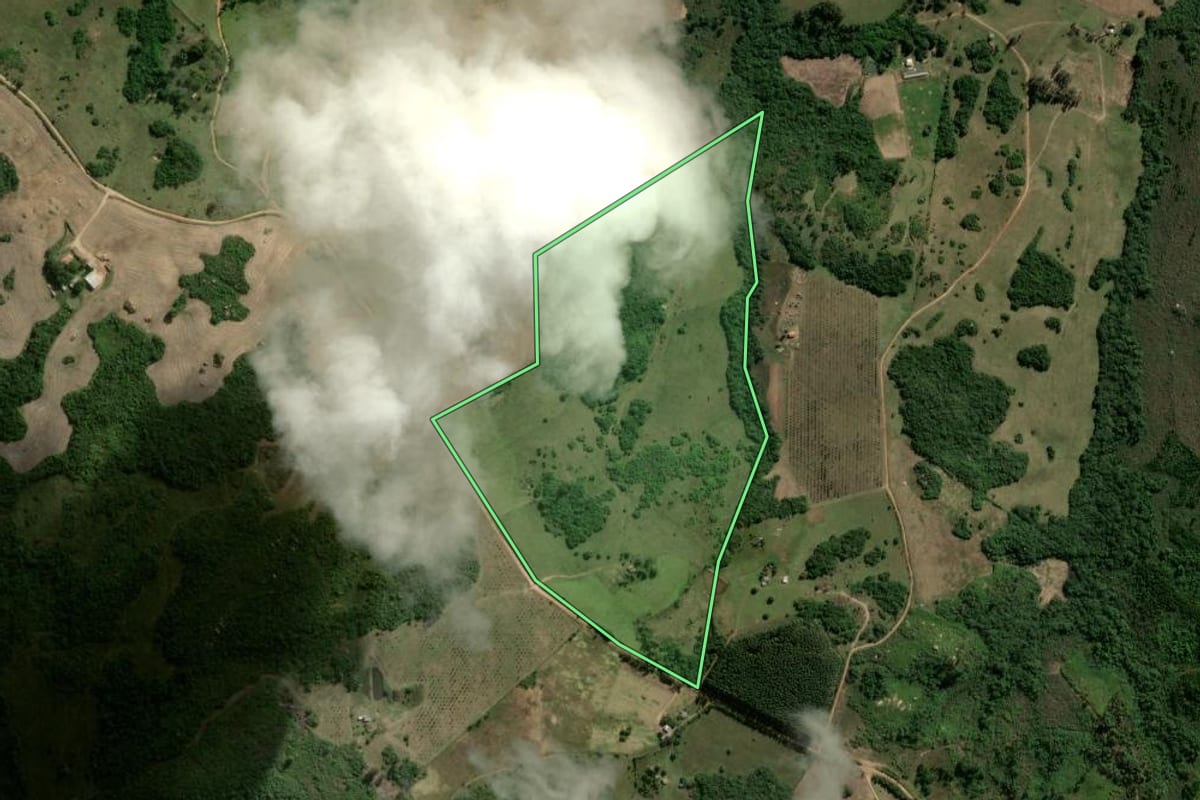 Imagem de satélite do imóvel rural em Encruzilhada do Sul (RS), com o contorno declarado no CAR desenhado por cima.