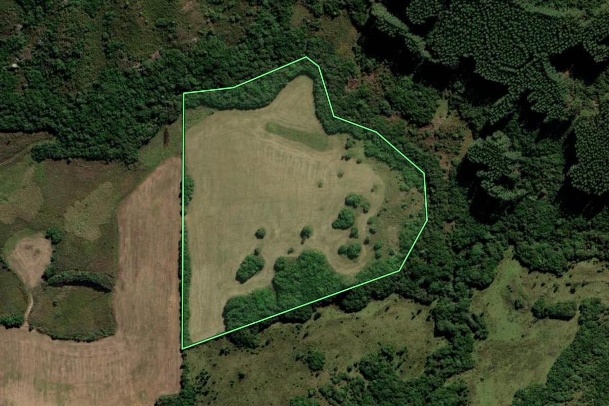 Imagem de satélite do imóvel rural em Encruzilhada do Sul (RS), com o contorno declarado no CAR desenhado por cima.