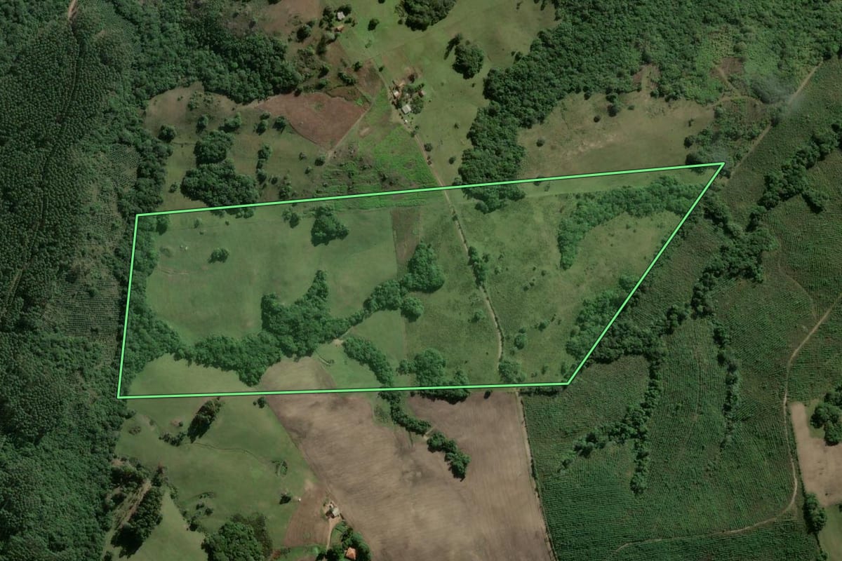 Imagem de satélite do imóvel rural em Encruzilhada do Sul (RS), com o contorno declarado no CAR desenhado por cima.