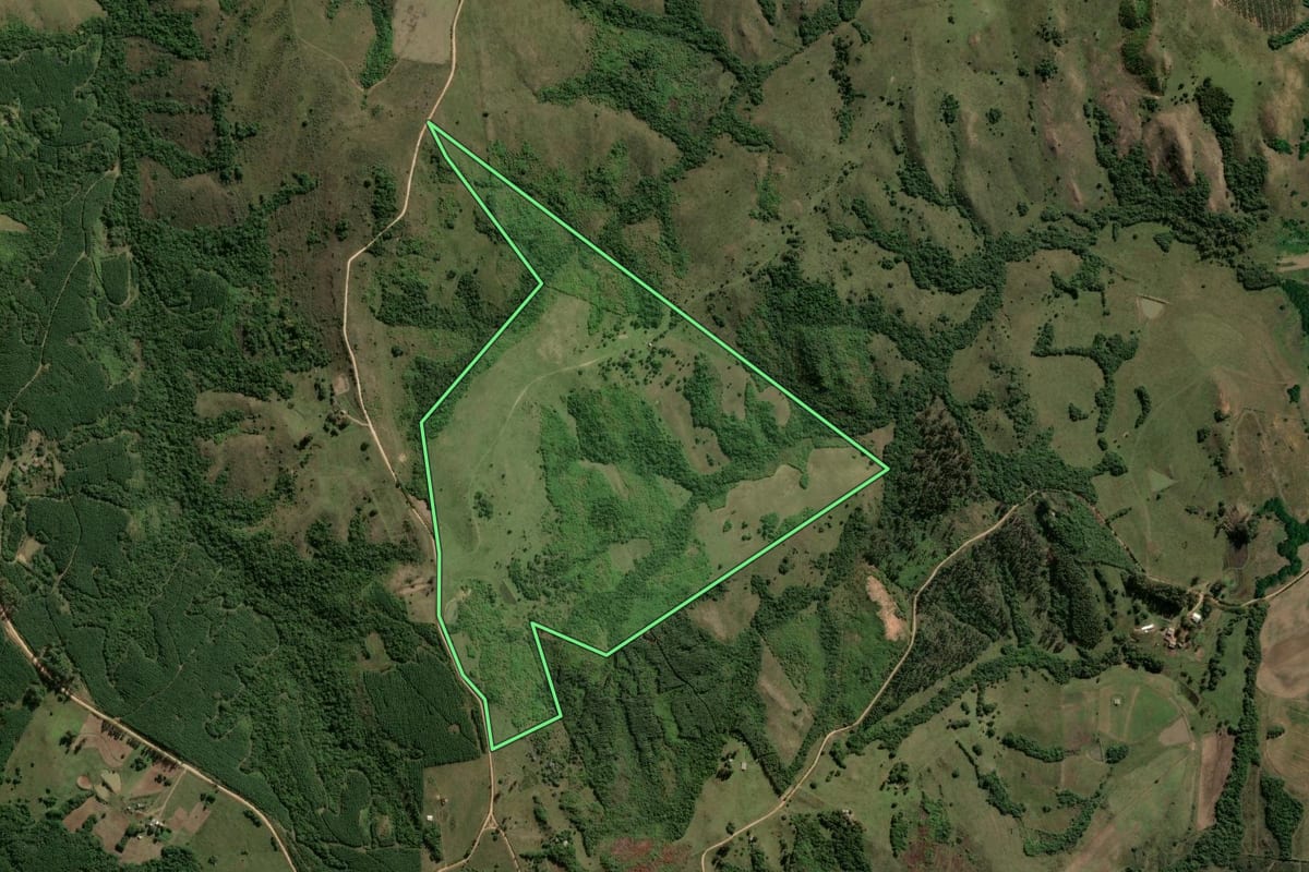 Imagem de satélite do imóvel rural em Encruzilhada do Sul (RS), com o contorno declarado no CAR desenhado por cima.