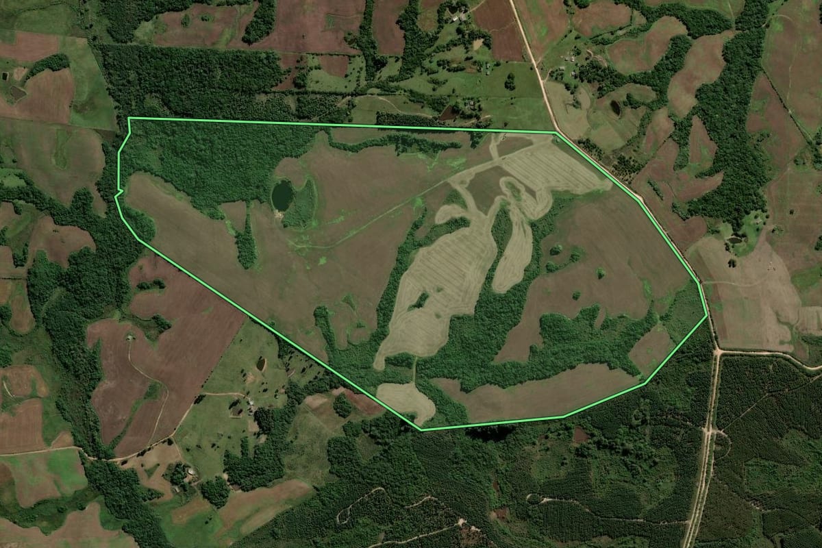 Imagem de satélite do imóvel rural em Encruzilhada do Sul (RS), com o contorno declarado no CAR desenhado por cima.