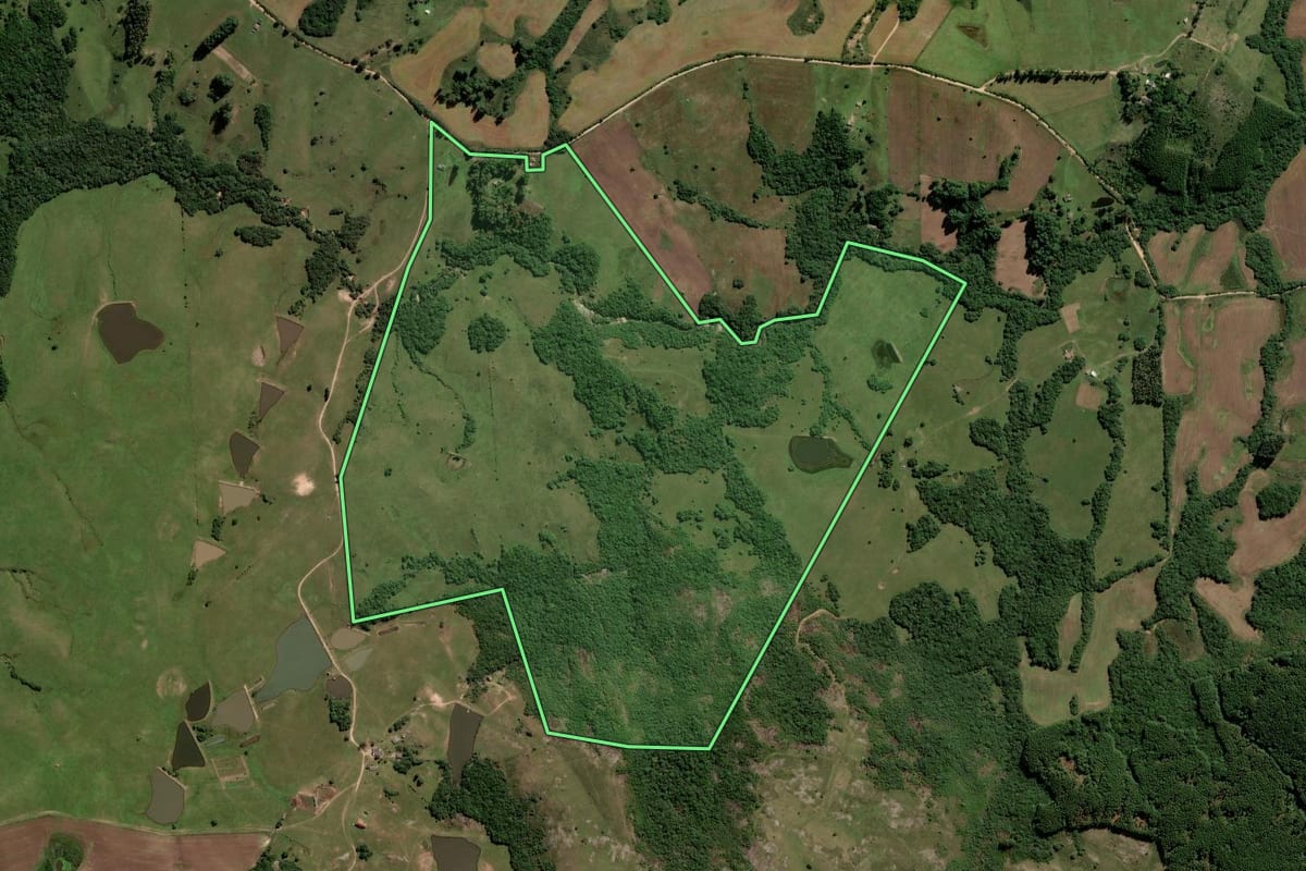 Imagem de satélite do imóvel rural em Encruzilhada do Sul (RS), com o contorno declarado no CAR desenhado por cima.