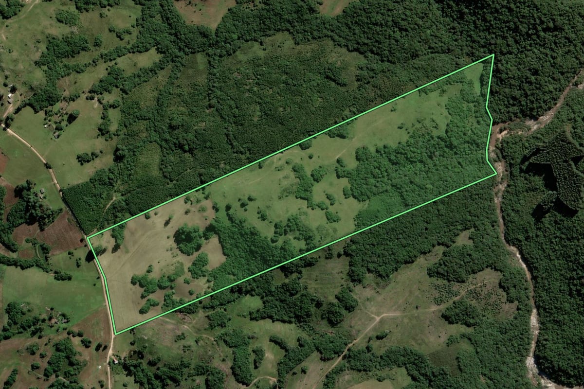 Imagem de satélite do imóvel rural em Encruzilhada do Sul (RS), com o contorno declarado no CAR desenhado por cima.