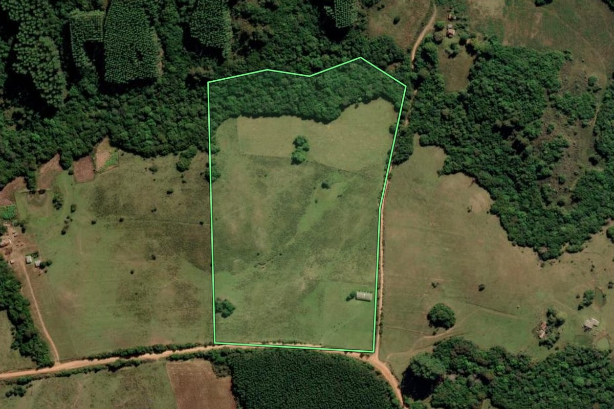 Imagem de satélite do imóvel rural em Encruzilhada do Sul (RS), com o contorno declarado no CAR desenhado por cima.