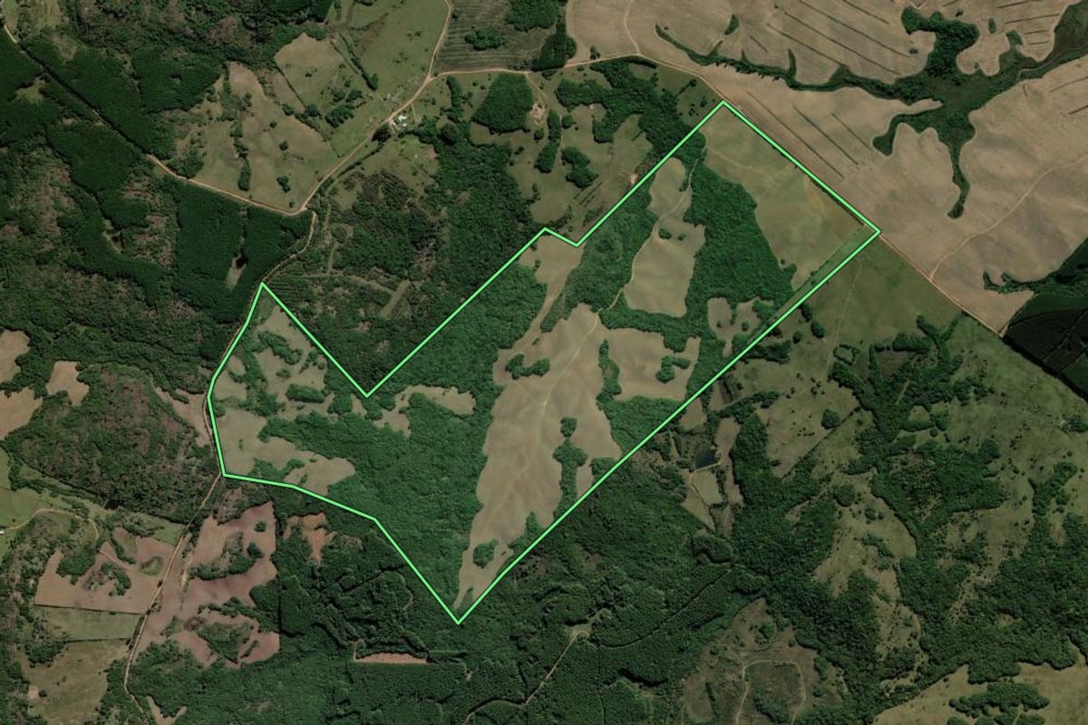 Imagem de satélite do imóvel rural em Encruzilhada do Sul (RS), com o contorno declarado no CAR desenhado por cima.