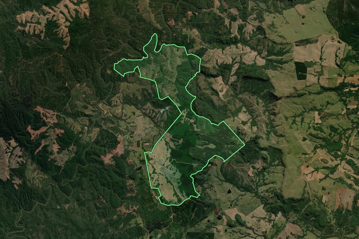 Imagem de satélite do imóvel rural em Encruzilhada do Sul (RS), com o contorno declarado no CAR desenhado por cima.