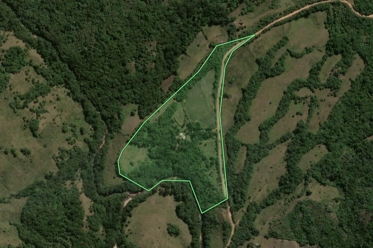 Imagem de satélite do imóvel rural em Encruzilhada do Sul (RS), com o contorno declarado no CAR desenhado por cima.