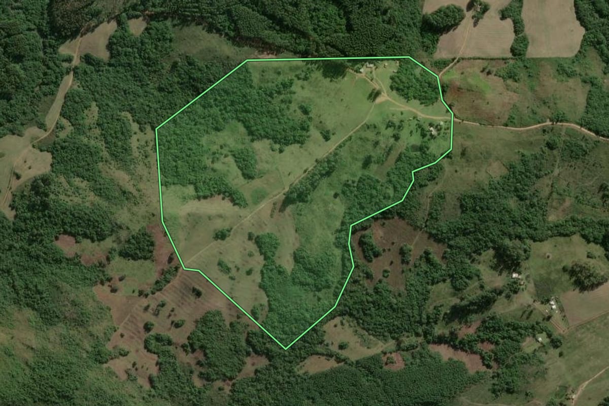 Imagem de satélite do imóvel rural em Encruzilhada do Sul (RS), com o contorno declarado no CAR desenhado por cima.