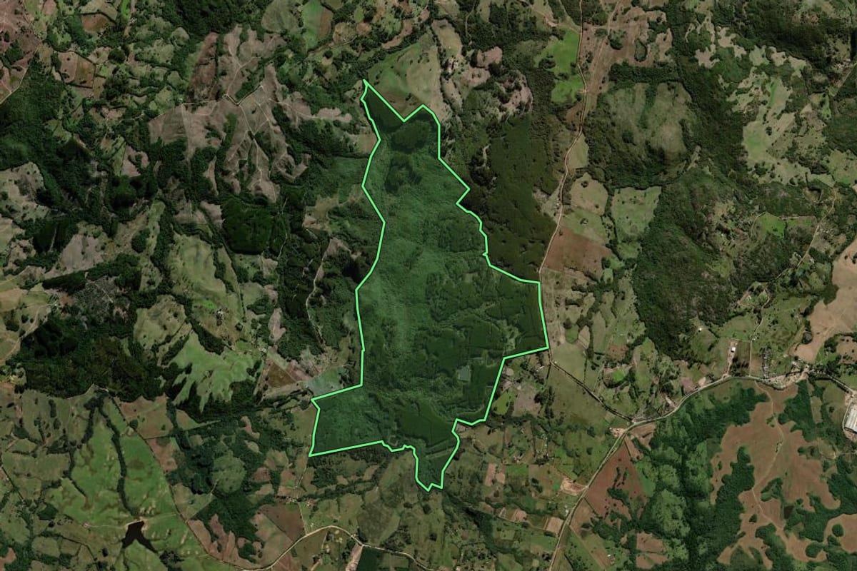 Imagem de satélite do imóvel rural em Encruzilhada do Sul (RS), com o contorno declarado no CAR desenhado por cima.