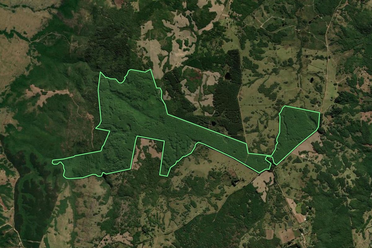 Imagem de satélite do imóvel rural em Encruzilhada do Sul (RS), com o contorno declarado no CAR desenhado por cima.