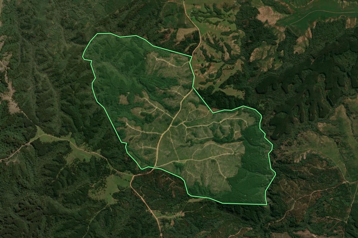 Imagem de satélite do imóvel rural em Encruzilhada do Sul (RS), com o contorno declarado no CAR desenhado por cima.