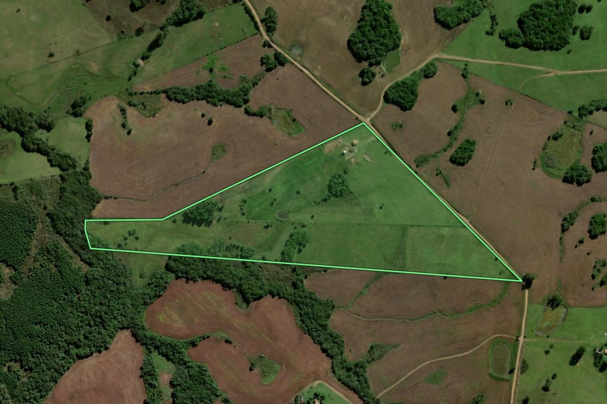 Imagem de satélite do imóvel rural em Encruzilhada do Sul (RS), com o contorno declarado no CAR desenhado por cima.