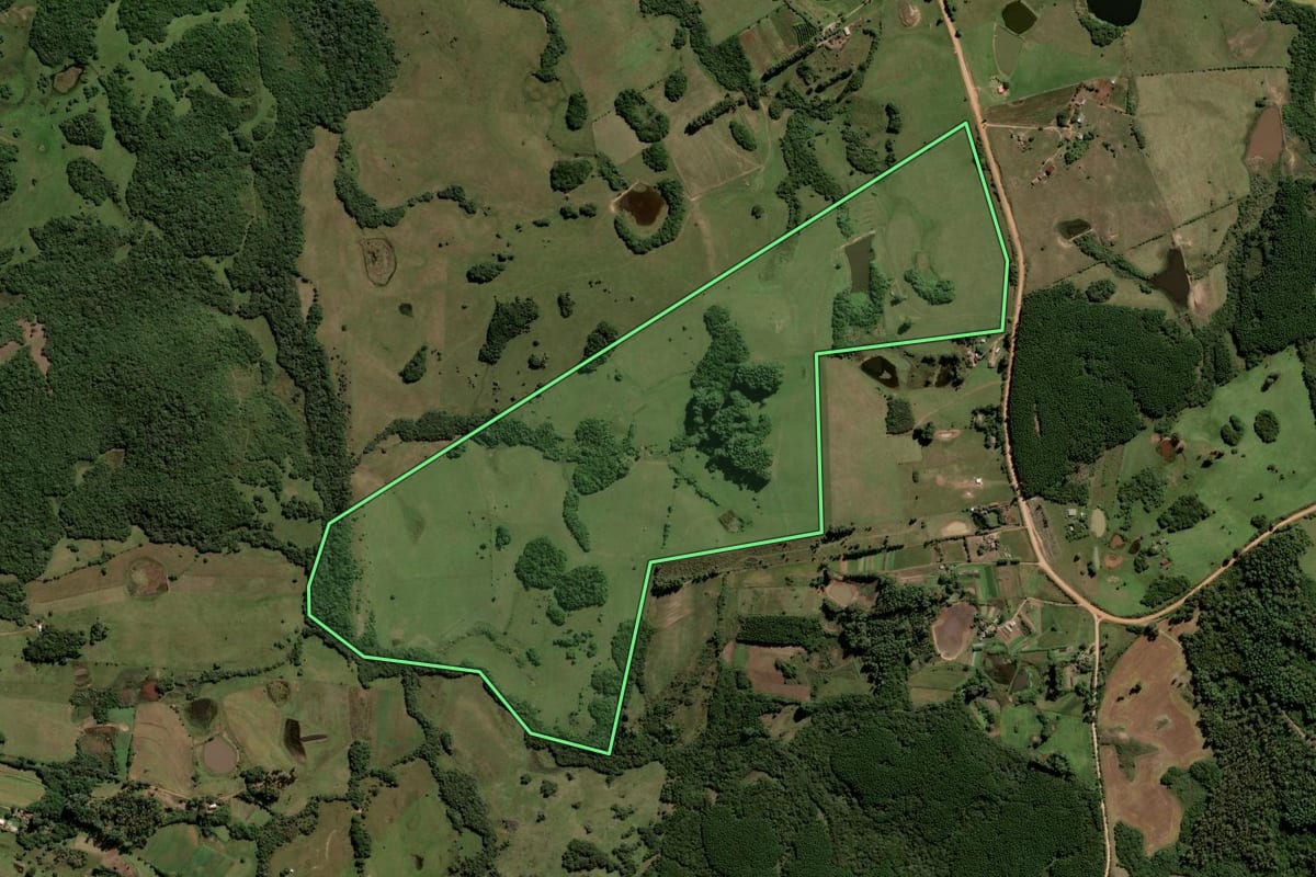 Imagem de satélite do imóvel rural em Encruzilhada do Sul (RS), com o contorno declarado no CAR desenhado por cima.