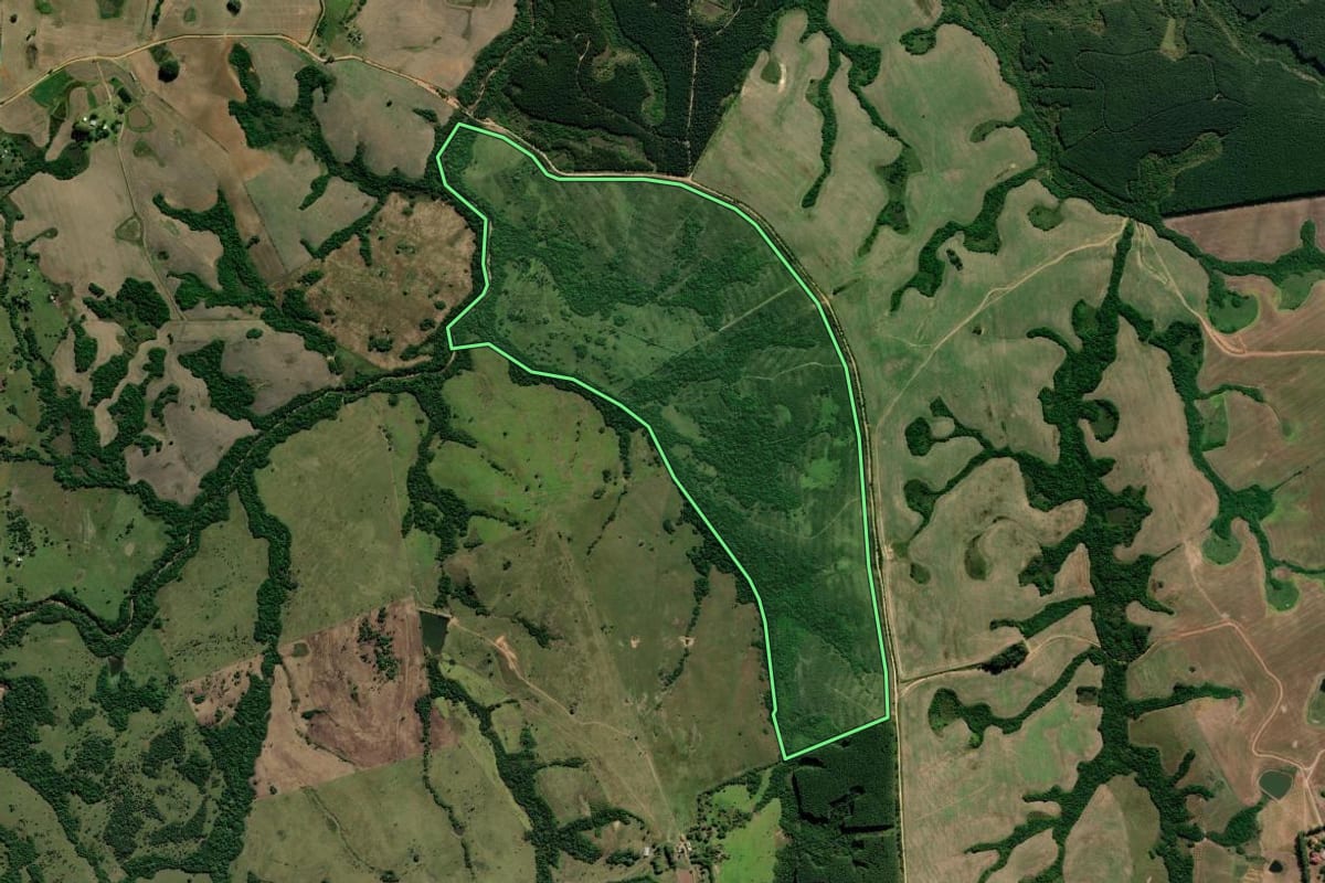 Imagem de satélite do imóvel rural em Encruzilhada do Sul (RS), com o contorno declarado no CAR desenhado por cima.