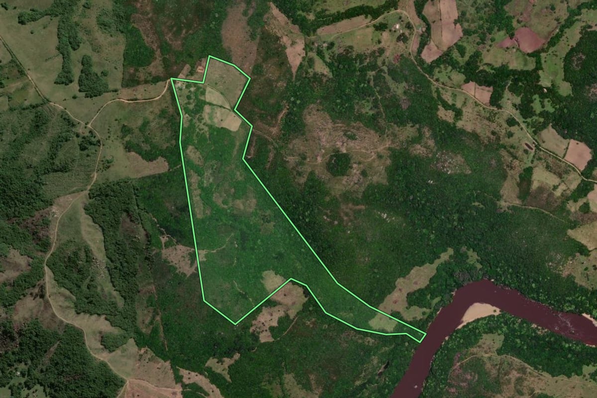 Imagem de satélite do imóvel rural em Encruzilhada do Sul (RS), com o contorno declarado no CAR desenhado por cima.