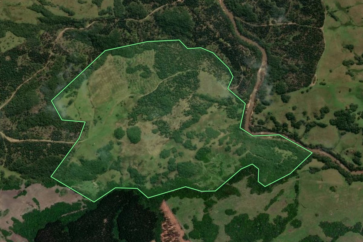 Imagem de satélite do imóvel rural em Encruzilhada do Sul (RS), com o contorno declarado no CAR desenhado por cima.