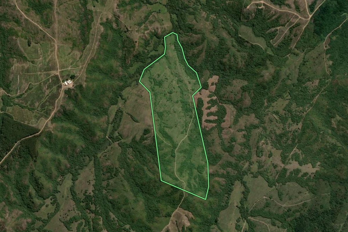 Imagem de satélite do imóvel rural em Encruzilhada do Sul (RS), com o contorno declarado no CAR desenhado por cima.
