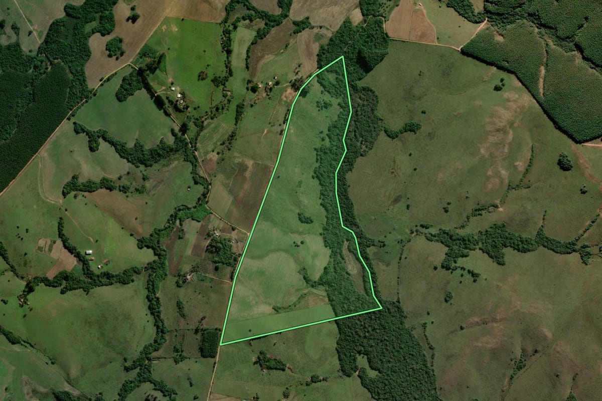 Imagem de satélite do imóvel rural em Encruzilhada do Sul (RS), com o contorno declarado no CAR desenhado por cima.