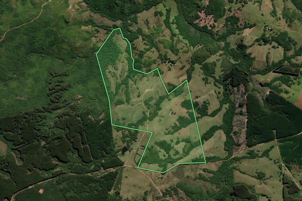 Imagem de satélite do imóvel rural em Encruzilhada do Sul (RS), com o contorno declarado no CAR desenhado por cima.
