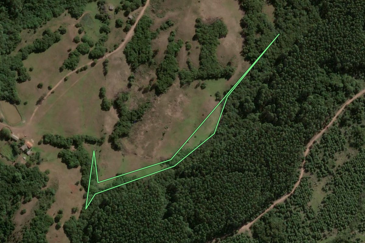 Imagem de satélite do imóvel rural em Encruzilhada do Sul (RS), com o contorno declarado no CAR desenhado por cima.