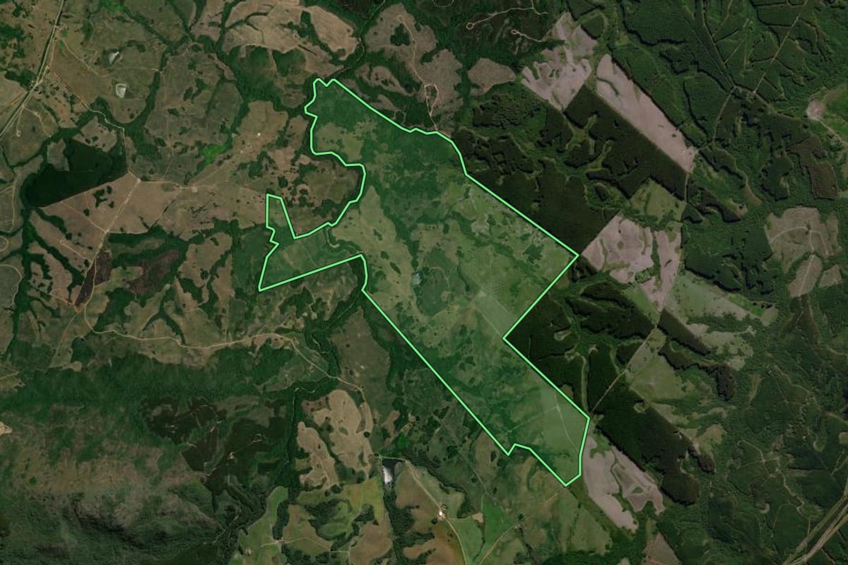 Imagem de satélite do imóvel rural em Encruzilhada do Sul (RS), com o contorno declarado no CAR desenhado por cima.
