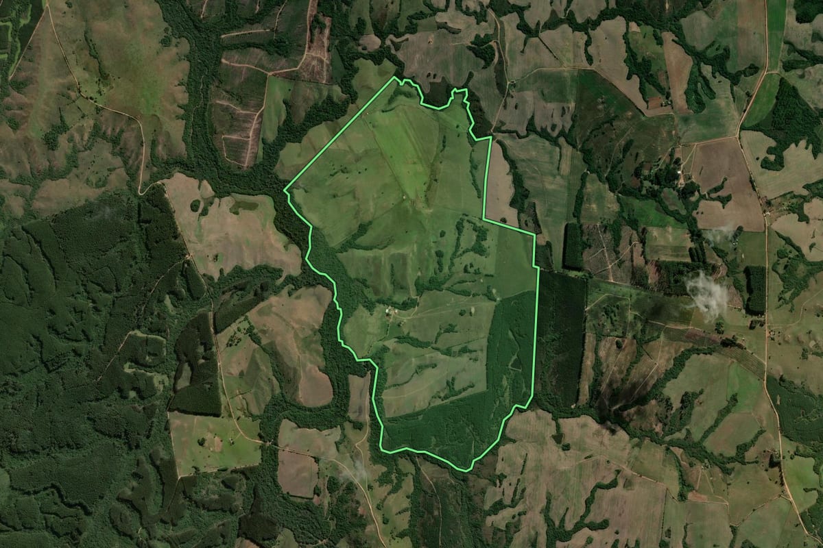 Imagem de satélite do imóvel rural em Encruzilhada do Sul (RS), com o contorno declarado no CAR desenhado por cima.