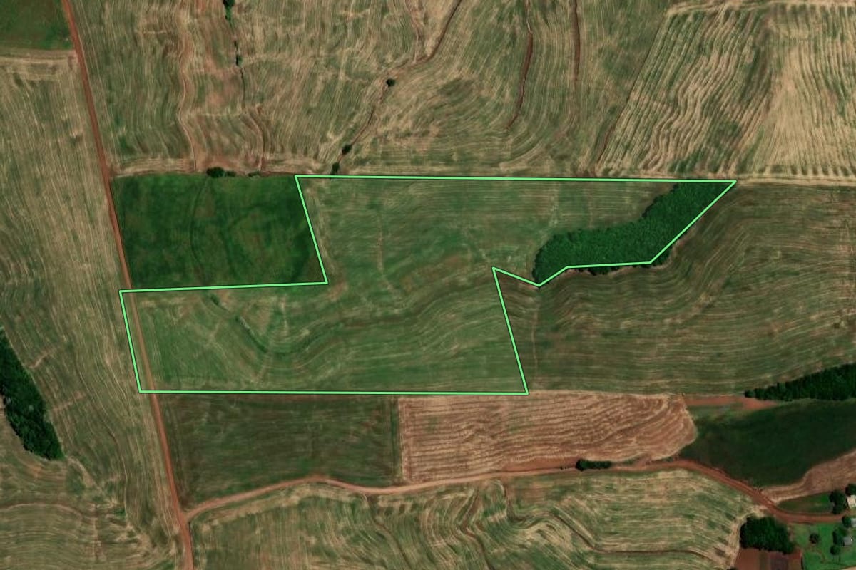 Imagem de satélite do imóvel rural em Engenho Velho (RS), com o contorno declarado no CAR desenhado por cima.