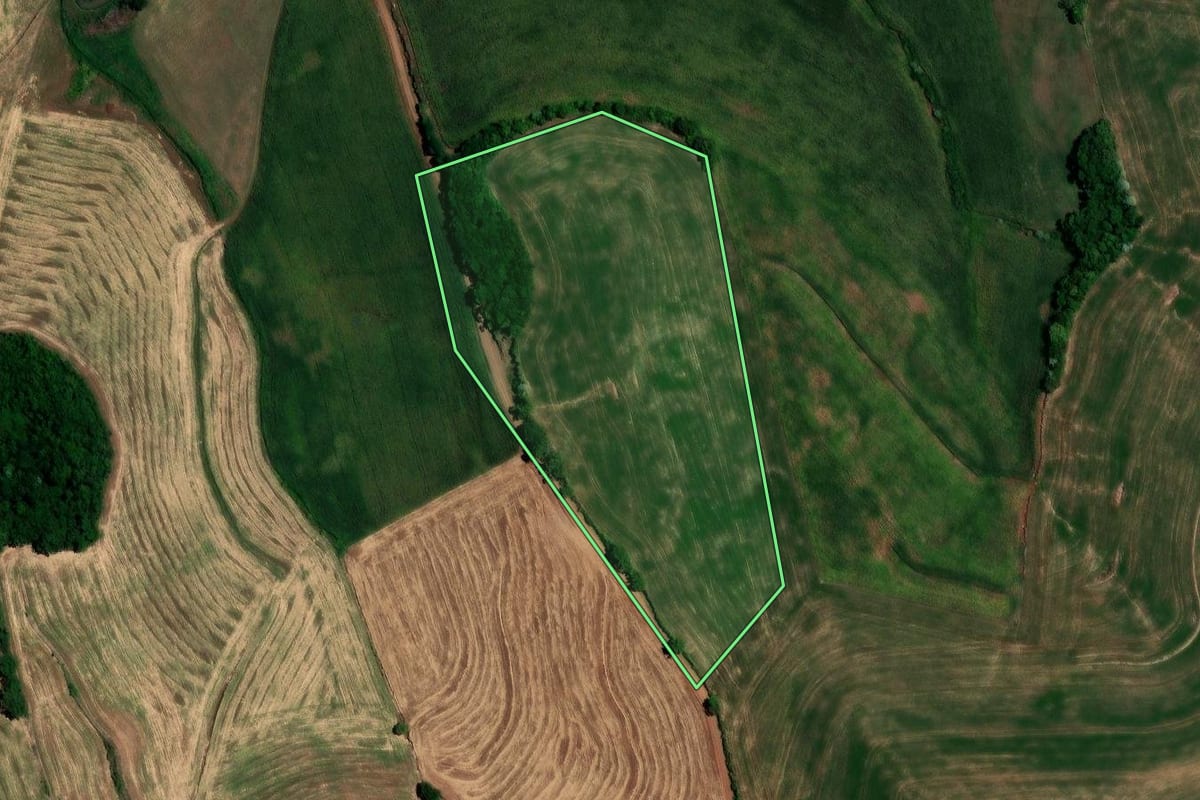 Imagem de satélite do imóvel rural em Engenho Velho (RS), com o contorno declarado no CAR desenhado por cima.