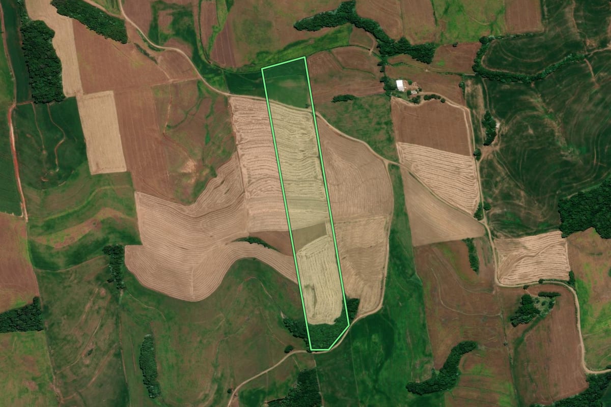 Imagem de satélite do imóvel rural em Engenho Velho (RS), com o contorno declarado no CAR desenhado por cima.