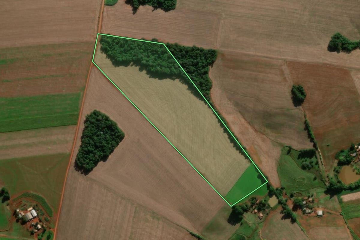 Imagem de satélite do imóvel rural em Entre-Ijuís (RS), com o contorno declarado no CAR desenhado por cima.