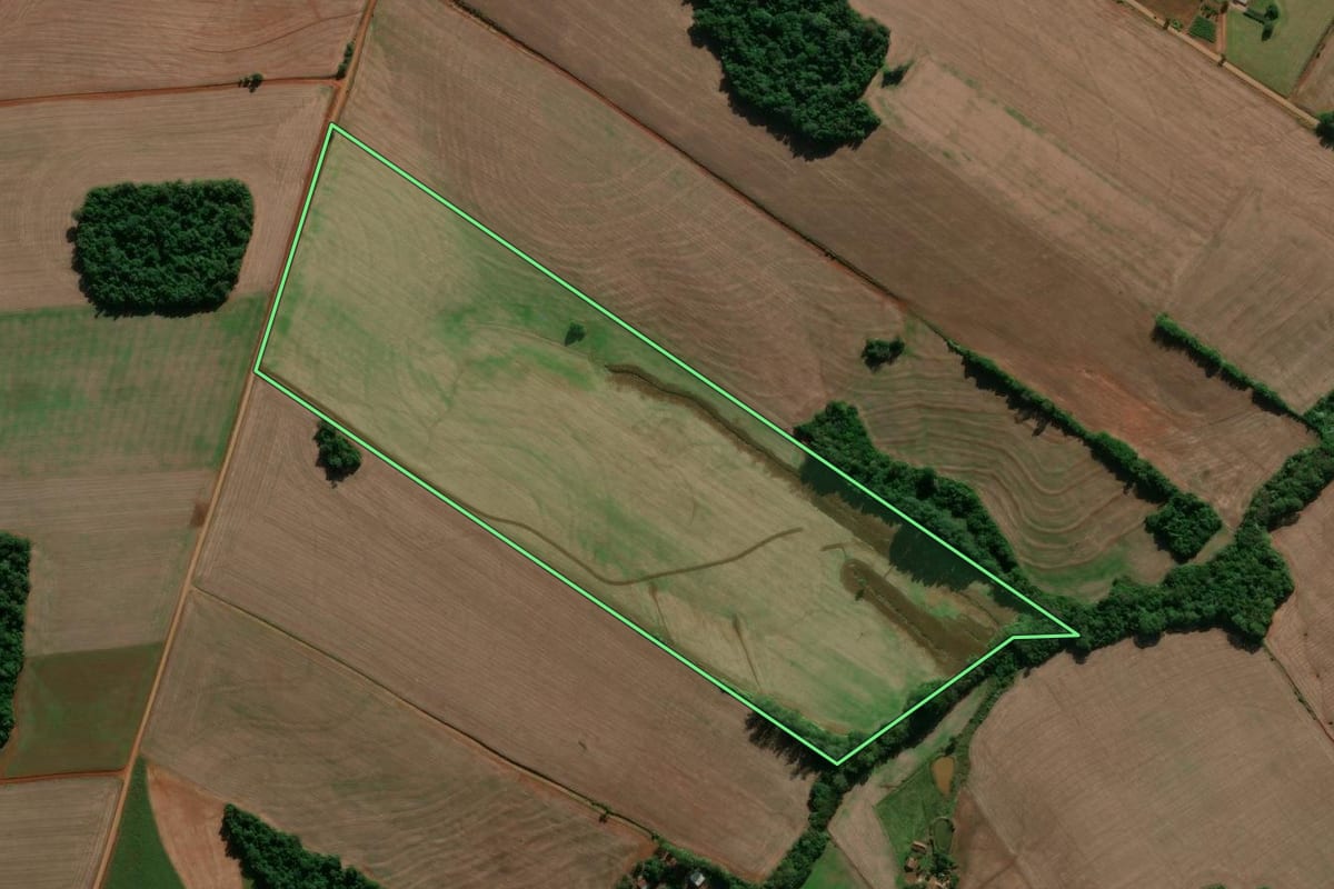 Imagem de satélite do imóvel rural em Entre-Ijuís (RS), com o contorno declarado no CAR desenhado por cima.