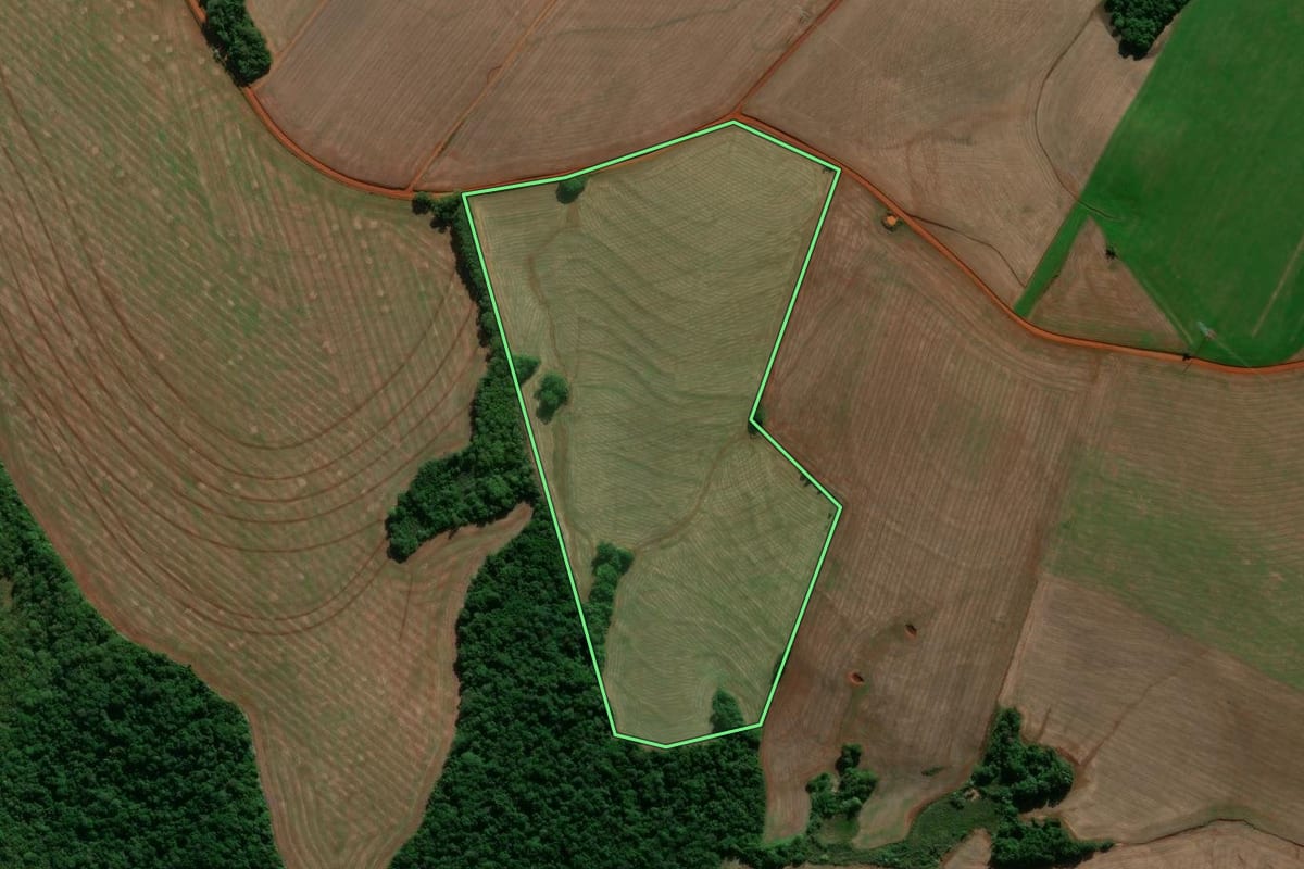 Imagem de satélite do imóvel rural em Entre-Ijuís (RS), com o contorno declarado no CAR desenhado por cima.