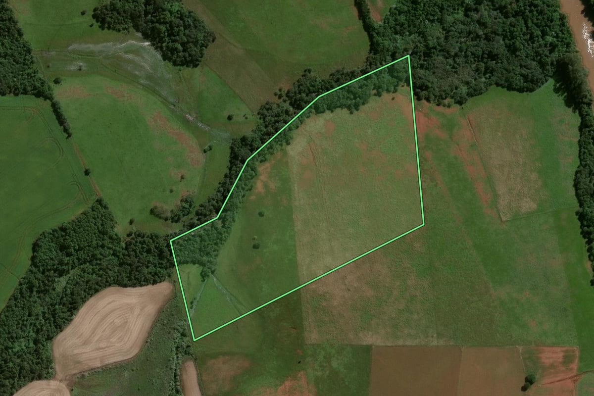 Imagem de satélite do imóvel rural em Entre-Ijuís (RS), com o contorno declarado no CAR desenhado por cima.