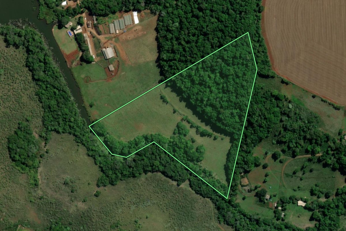 Imagem de satélite do imóvel rural em Entre-Ijuís (RS), com o contorno declarado no CAR desenhado por cima.