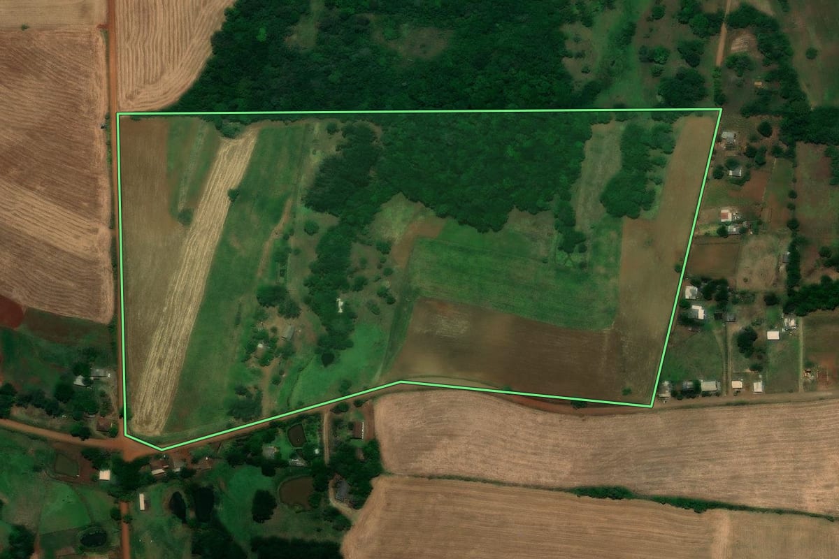 Imagem de satélite do imóvel rural em Entre-Ijuís (RS), com o contorno declarado no CAR desenhado por cima.