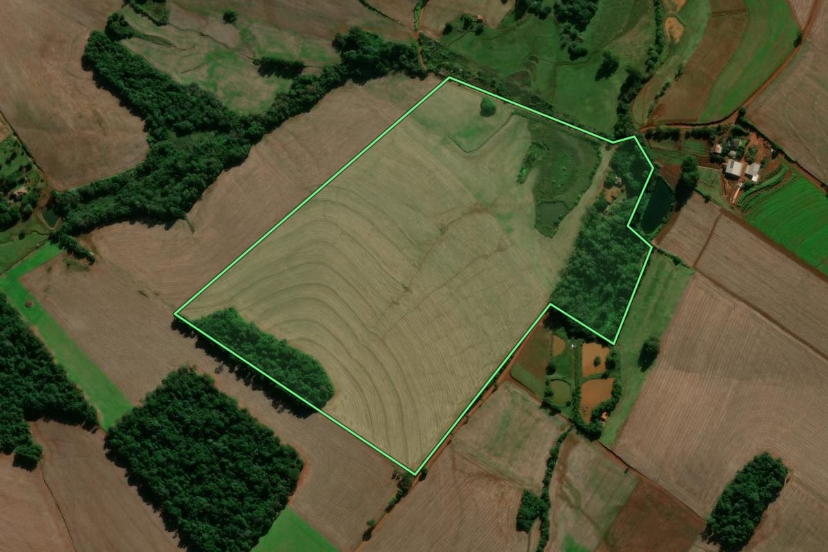 Imagem de satélite do imóvel rural em Entre-Ijuís (RS), com o contorno declarado no CAR desenhado por cima.