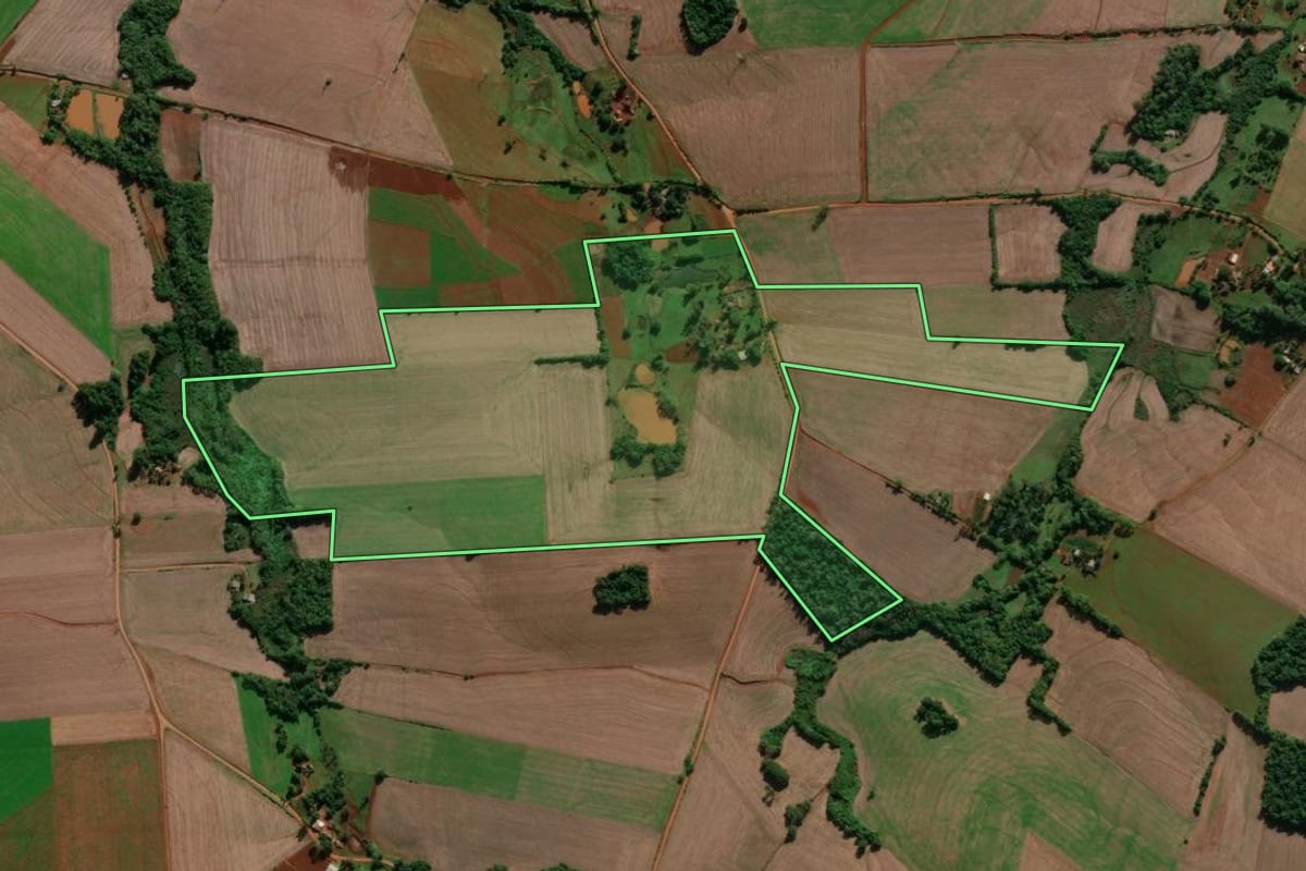 Imagem de satélite do imóvel rural em Entre-Ijuís (RS), com o contorno declarado no CAR desenhado por cima.