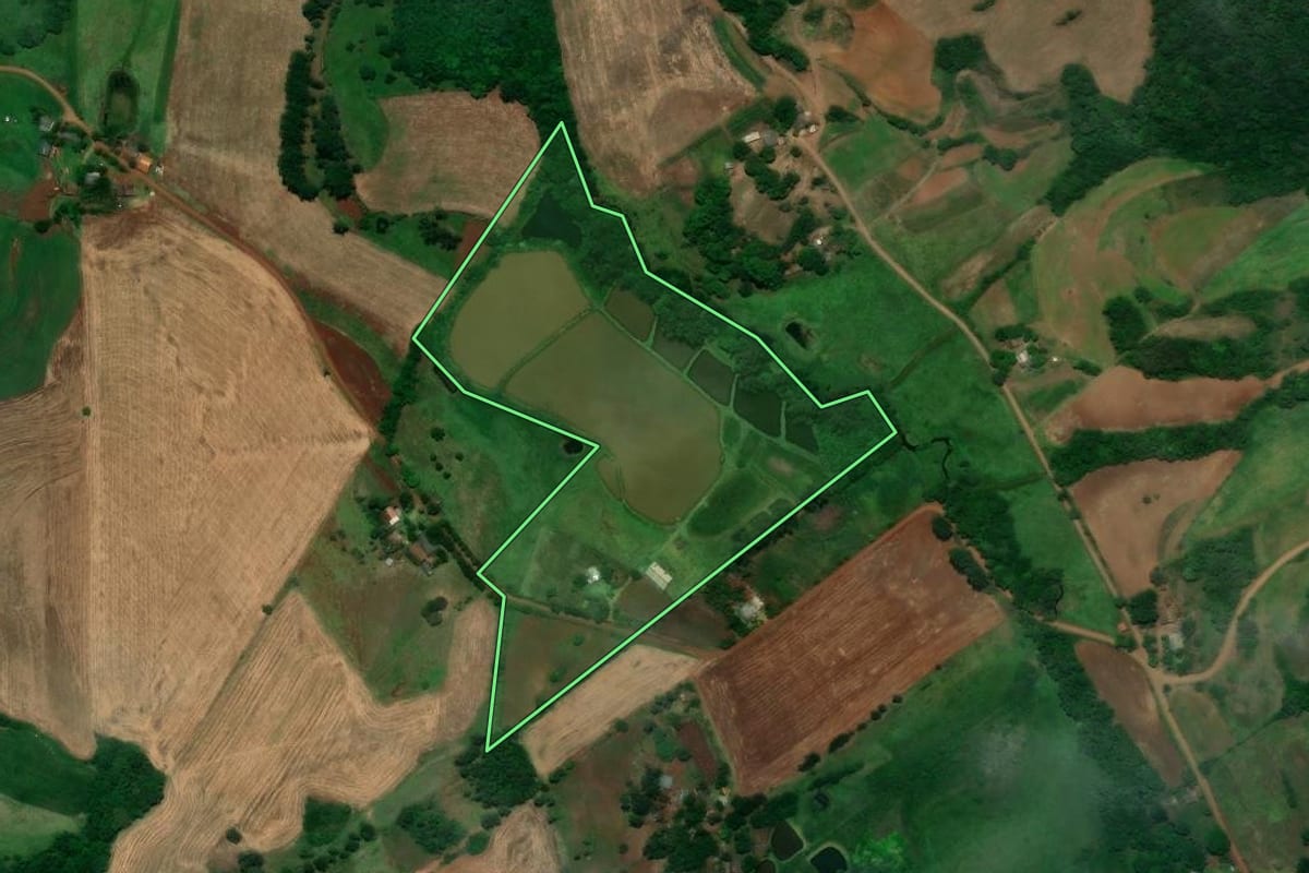 Imagem de satélite do imóvel rural em Entre-Ijuís (RS), com o contorno declarado no CAR desenhado por cima.