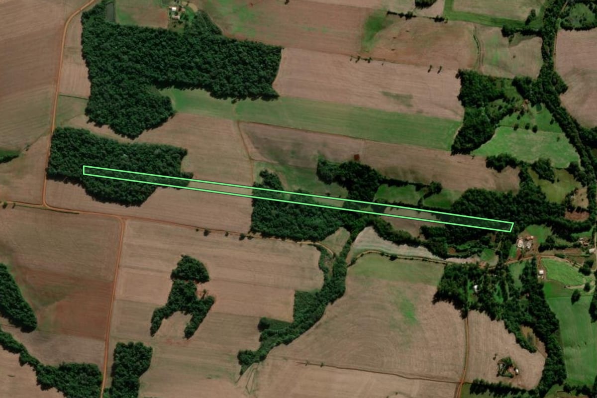 Imagem de satélite do imóvel rural em Entre-Ijuís (RS), com o contorno declarado no CAR desenhado por cima.