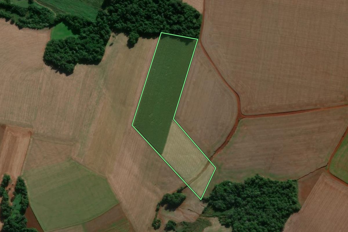 Imagem de satélite do imóvel rural em Entre-Ijuís (RS), com o contorno declarado no CAR desenhado por cima.
