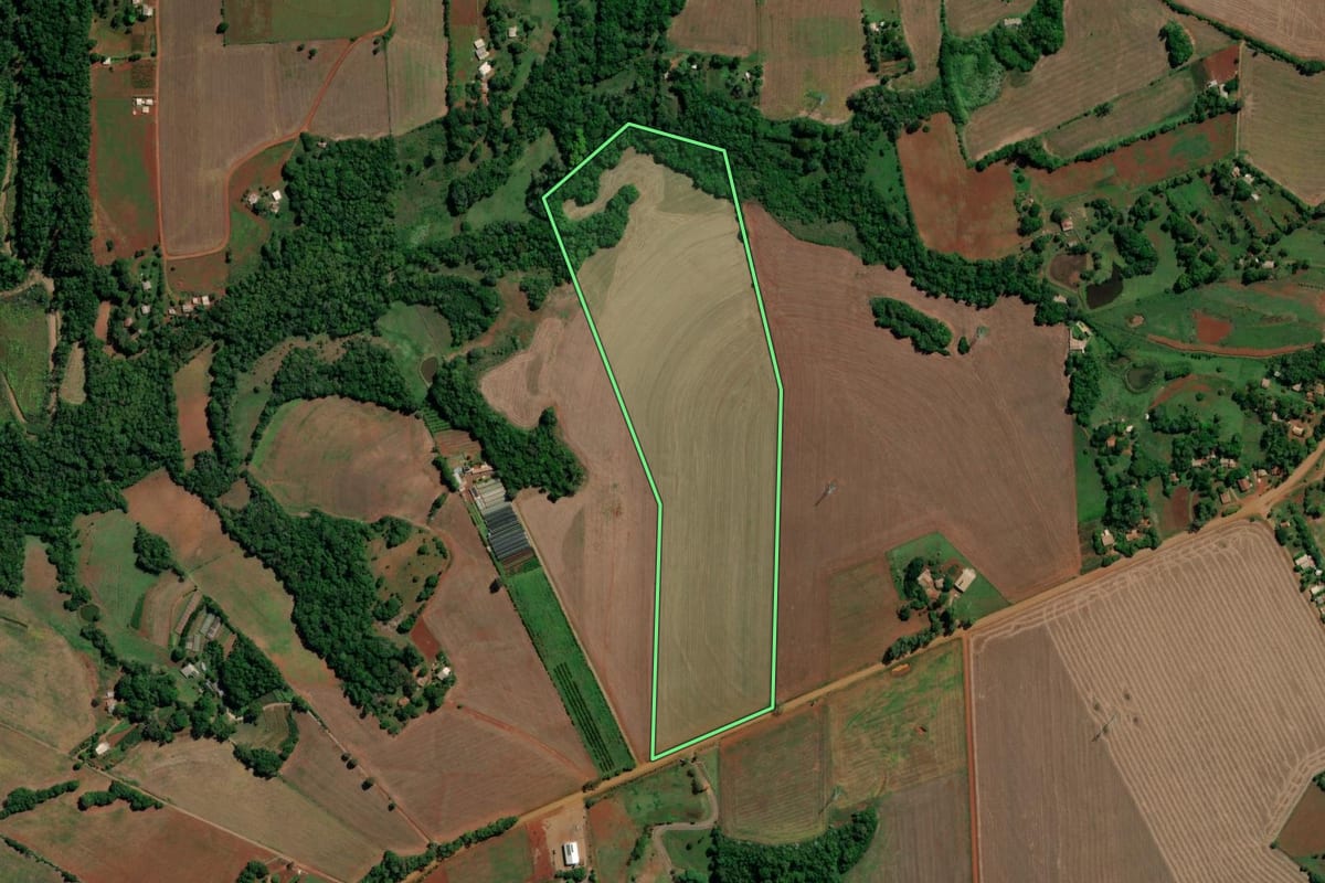 Imagem de satélite do imóvel rural em Entre-Ijuís (RS), com o contorno declarado no CAR desenhado por cima.