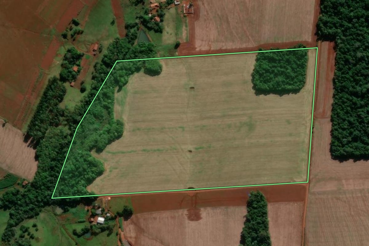 Imagem de satélite do imóvel rural em Entre-Ijuís (RS), com o contorno declarado no CAR desenhado por cima.