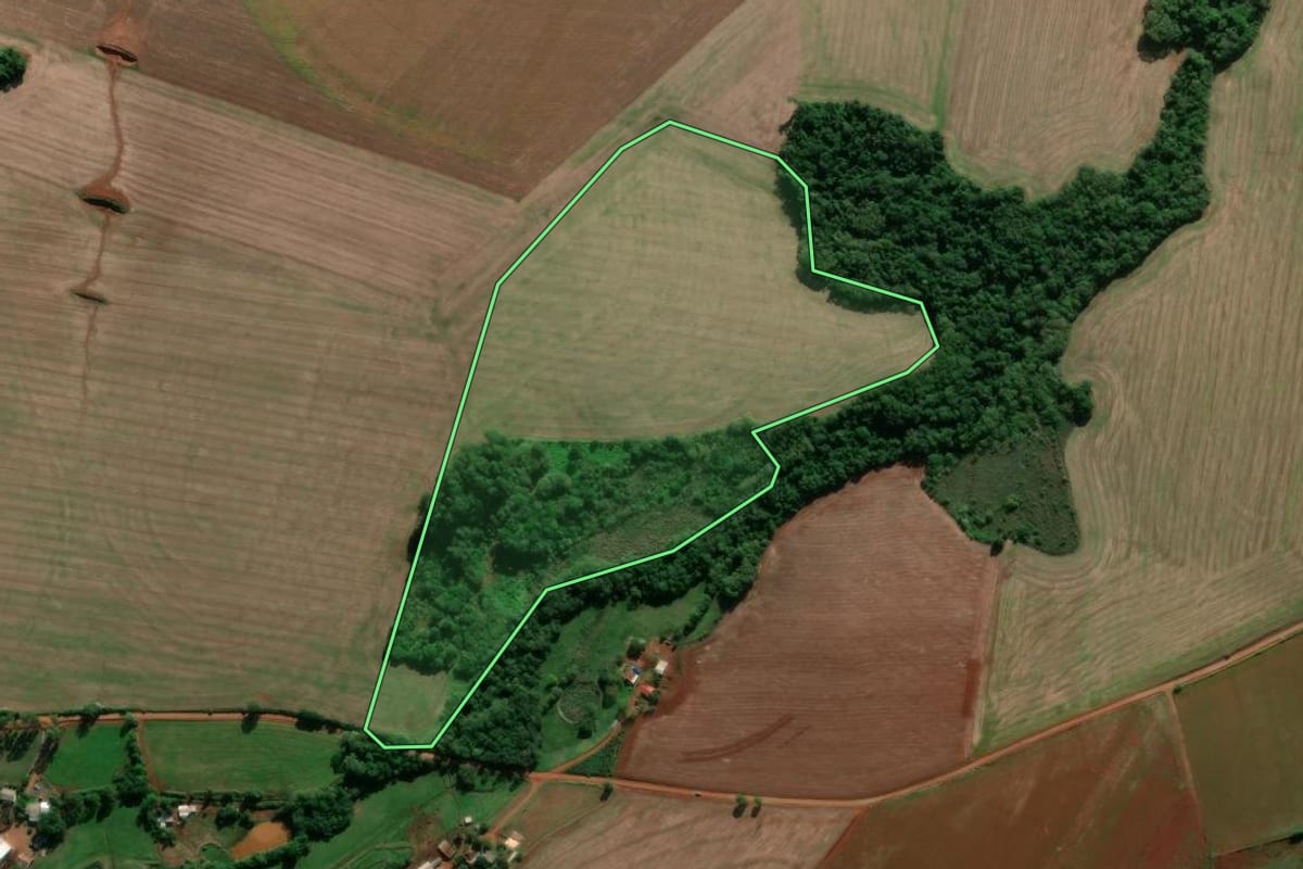 Imagem de satélite do imóvel rural em Entre-Ijuís (RS), com o contorno declarado no CAR desenhado por cima.