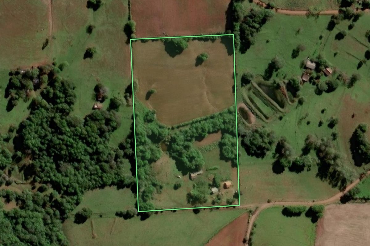 Imagem de satélite do imóvel rural em Entre-Ijuís (RS), com o contorno declarado no CAR desenhado por cima.