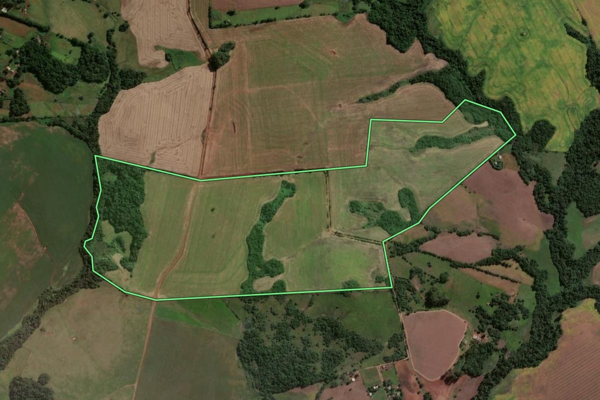 Imagem de satélite do imóvel rural em Entre-Ijuís (RS), com o contorno declarado no CAR desenhado por cima.