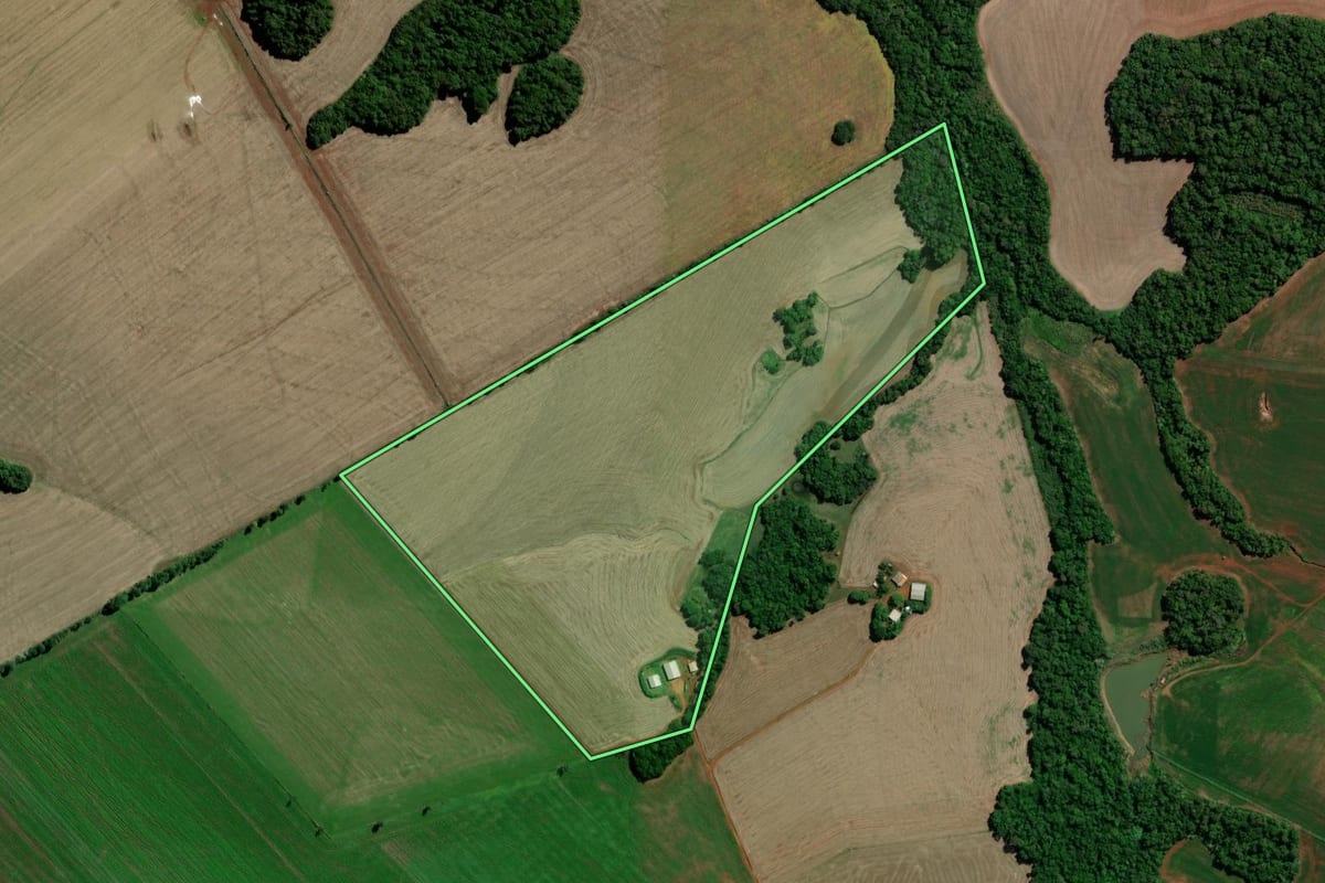 Imagem de satélite do imóvel rural em Entre-Ijuís (RS), com o contorno declarado no CAR desenhado por cima.