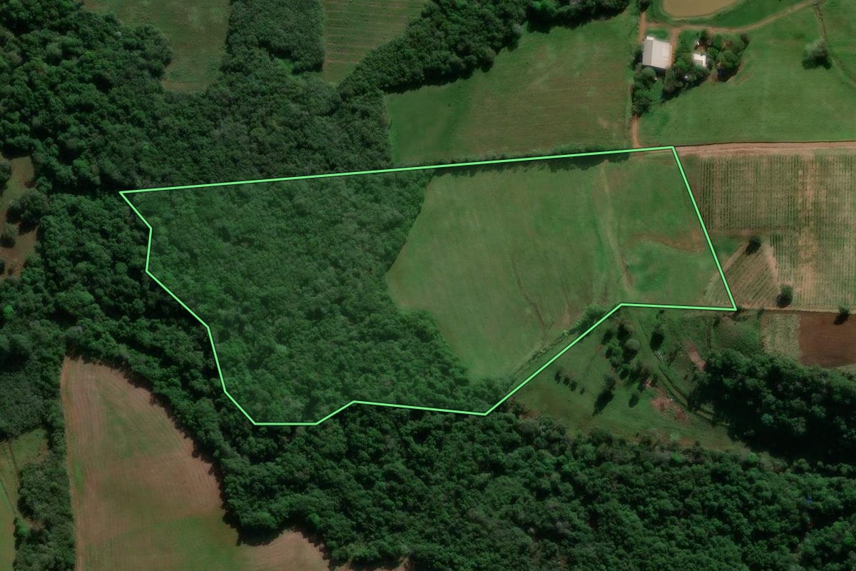 Imagem de satélite do imóvel rural em Entre-Ijuís (RS), com o contorno declarado no CAR desenhado por cima.